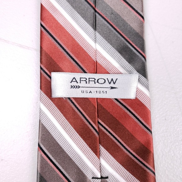 Arrow Tie Red Gray Stripe Diagonal Pattern Silk Necktie Classic Style - Picture 3 of 6